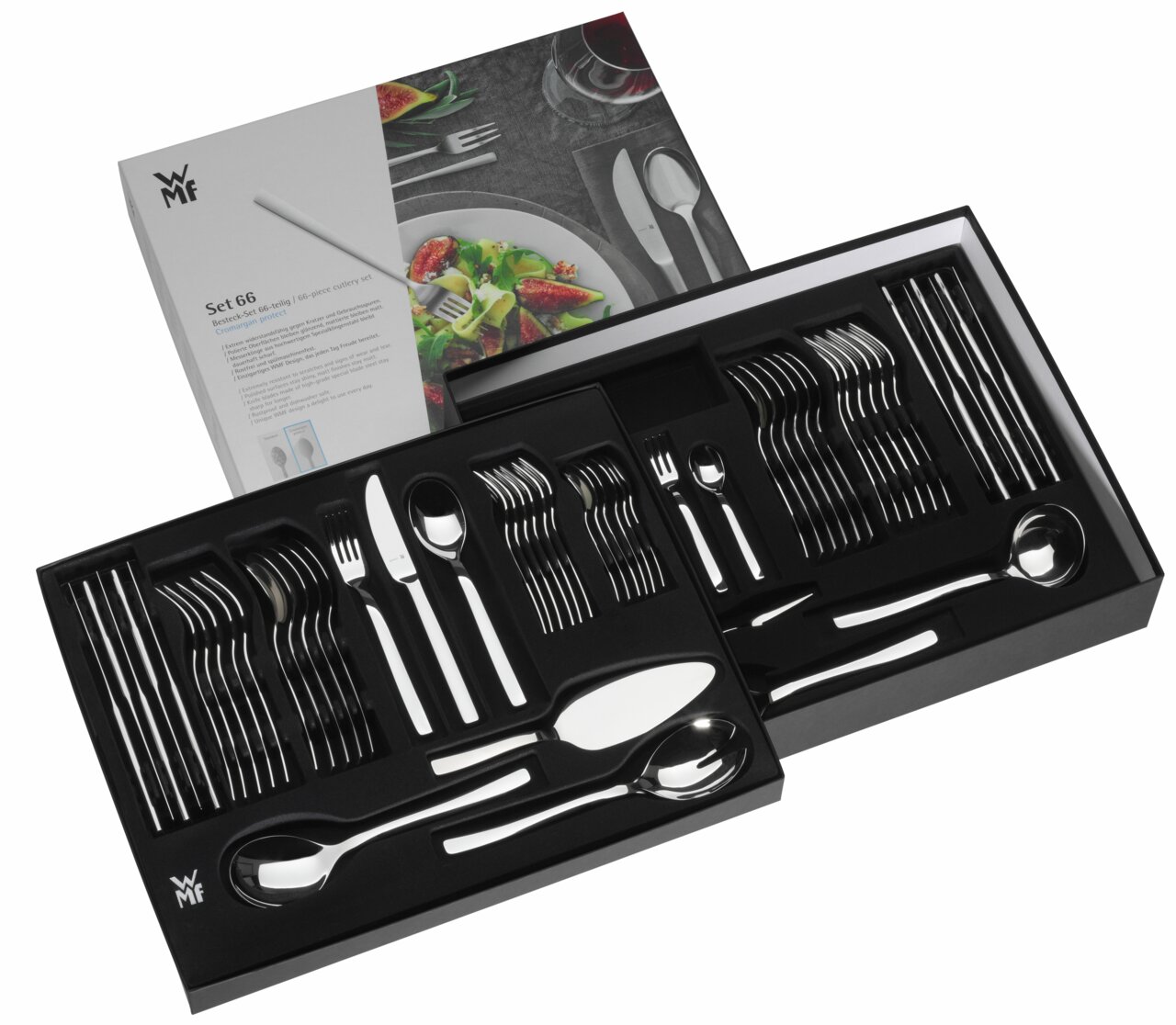 Besteckset Merit 66-teilig in geöffneter Verpackung, von oben fotografiert, mit glänzendem Edelstahlbesteck.