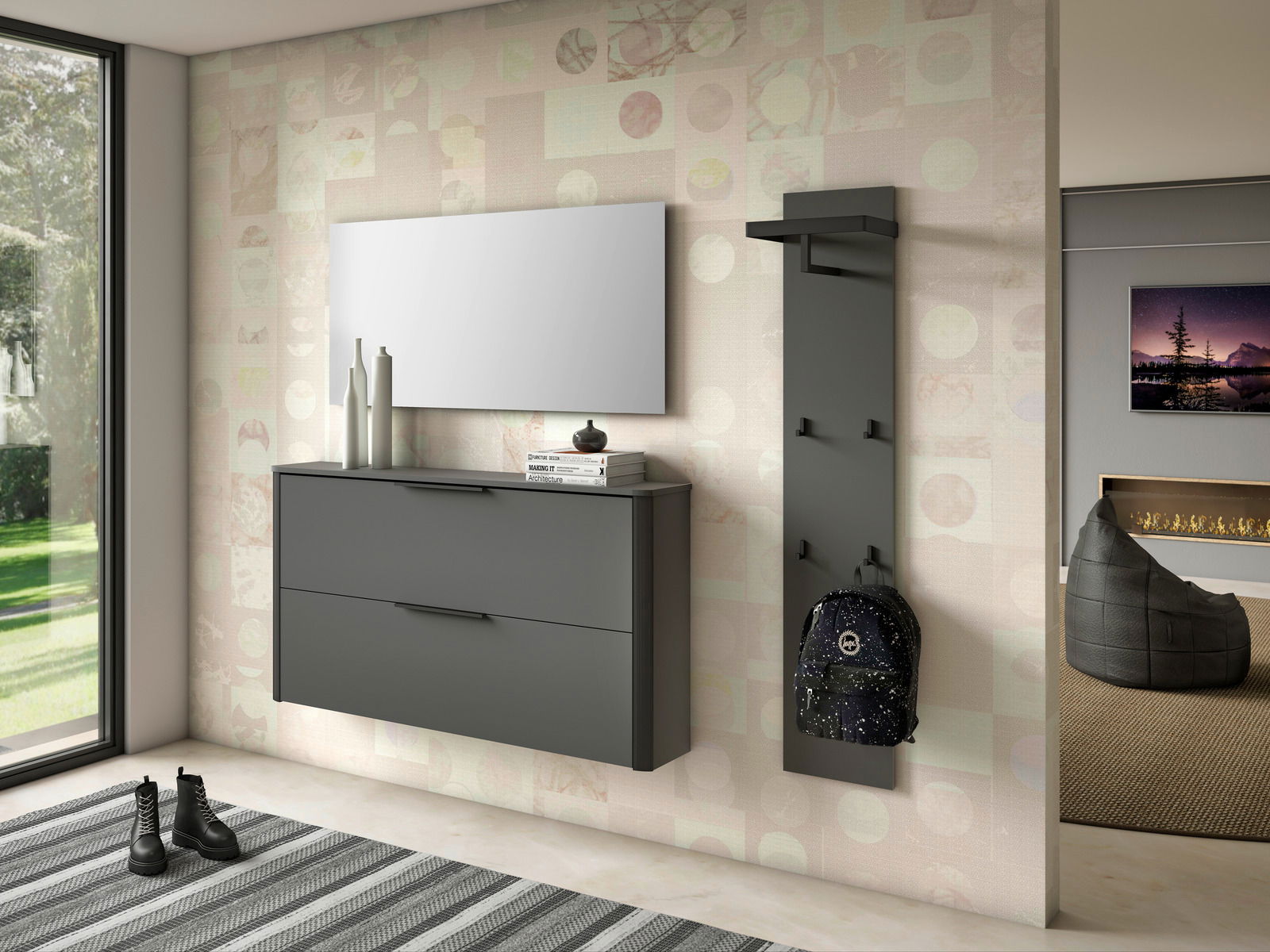 Dieter Knoll Spiegel SIENA Moderner Eingangsbereich mit einem Hängeschuhschrank, einem großen rechteckigen Spiegel und einem Garderobenpaneel in dunklem Grau. Perspektive von der Seite, die den gesamten Bereich zeigt.