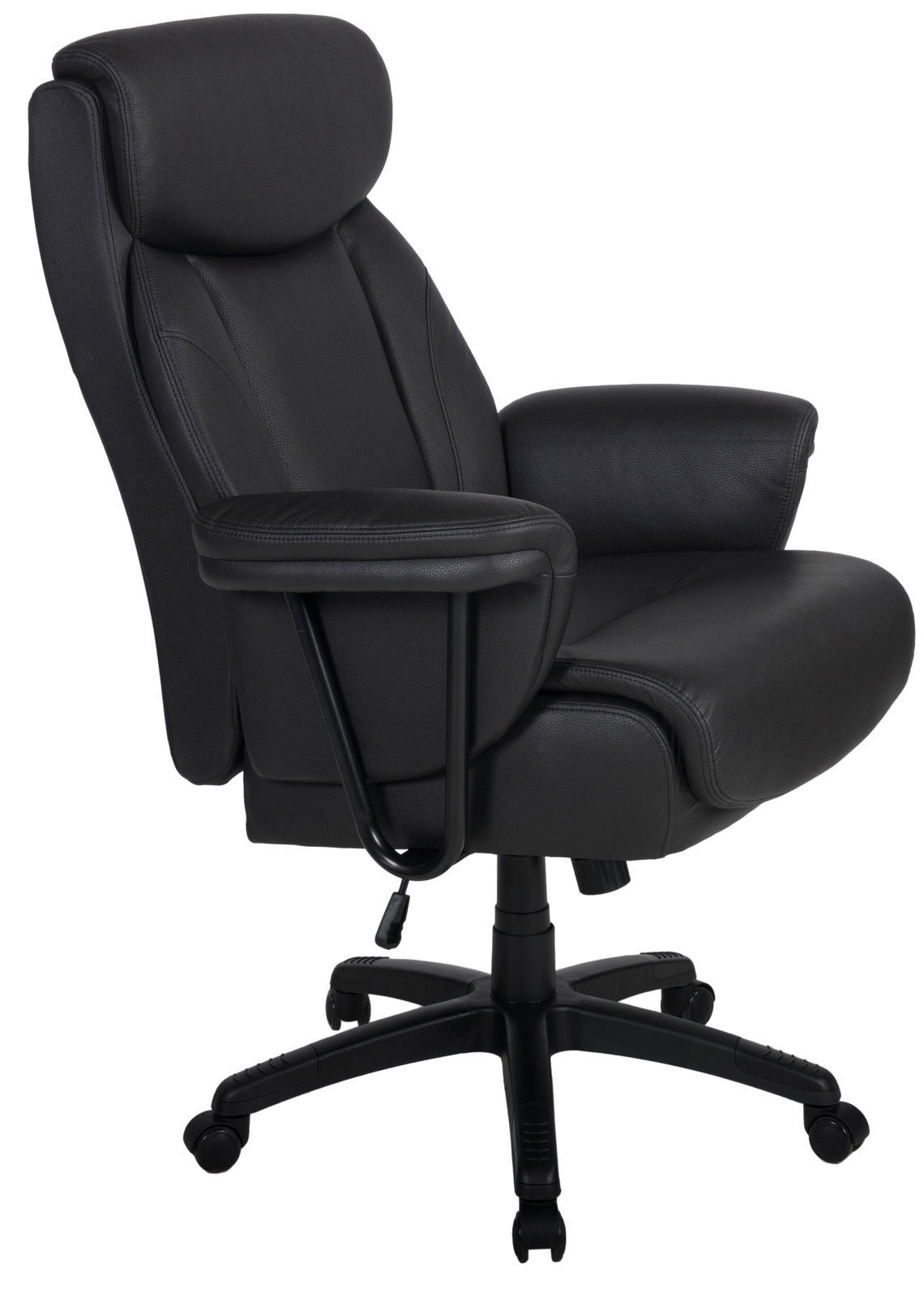 Schwarzer Chefsessel aus Leder mit Armlehnen und Rollen, seitliche Perspektive