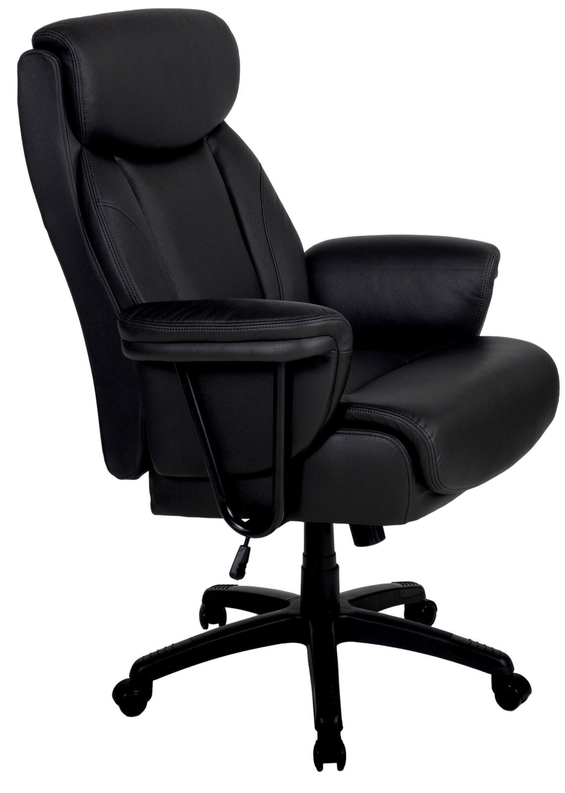 Schwarzer Chefsessel aus Leder mit Armlehnen und Rollen, seitliche Perspektive