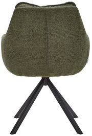 Rückansicht eines grünen Armlehnstuhls mit schwarzem Metallgestell