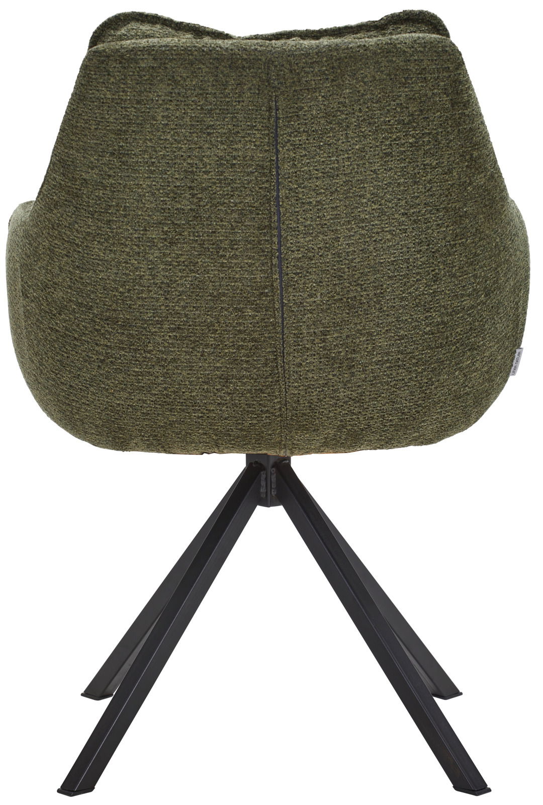 Rückansicht eines grünen Armlehnstuhls mit schwarzem Metallgestell