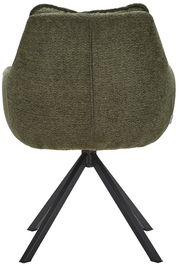 Rückansicht eines grünen Armlehnstuhls mit schwarzem Metallgestell