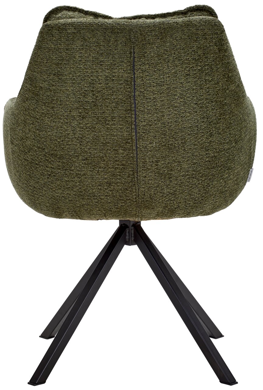 Rückansicht eines grünen Armlehnstuhls mit schwarzem Metallgestell