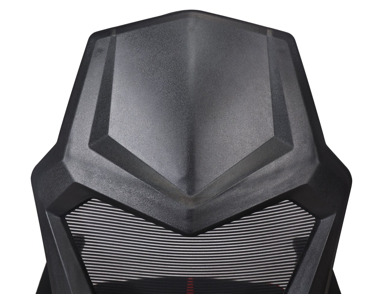 Achterkant van een gamingstoel met een futuristisch ontwerp en een rugleuning van gaas.