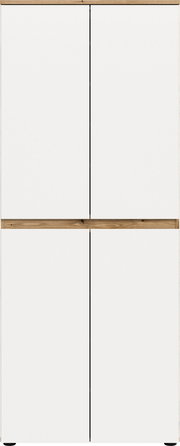 Weißer Schrank mit vier glatten Türen und Holzleisten oben und mittig, Frontansicht.