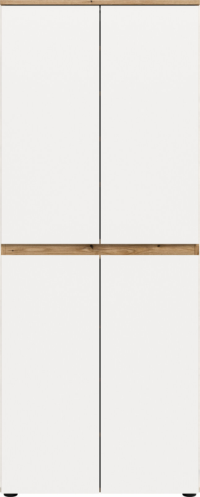 Weißer Schrank mit vier glatten Türen und Holzleisten oben und mittig, Frontansicht.