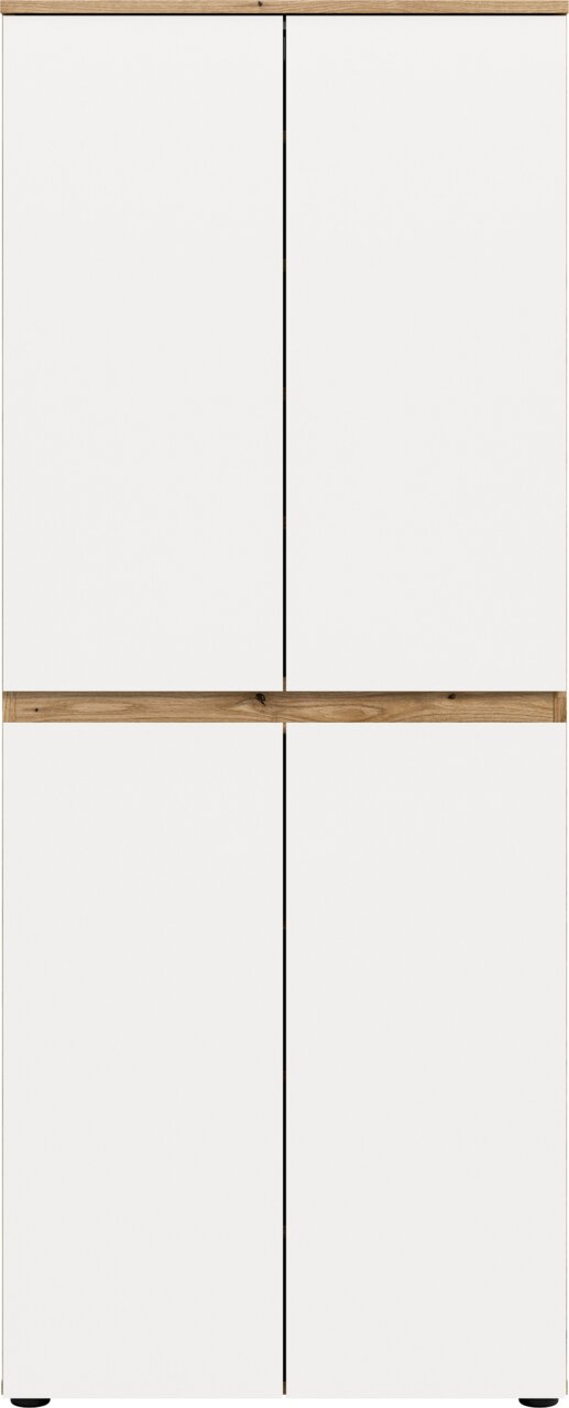 Weißer Schrank mit vier glatten Türen und Holzleisten oben und mittig, Frontansicht.