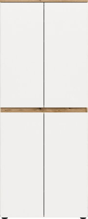 Weißer Schrank mit vier glatten Türen und Holzleisten oben und mittig, Frontansicht.