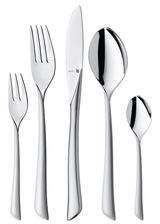 Elegantes Besteckset Virginia, bestehend aus Gabel, Messer, Löffel, Kuchengabel und Teelöffel, aus Edelstahl, frontal abgebildet.