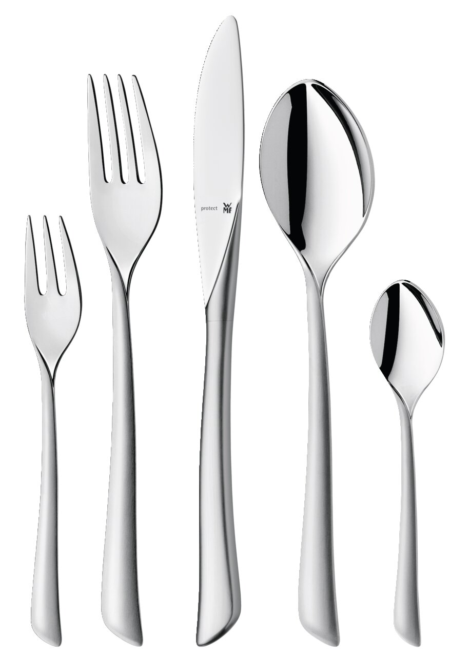 Elegantes Besteckset Virginia, bestehend aus Gabel, Messer, Löffel, Kuchengabel und Teelöffel, aus Edelstahl, frontal abgebildet.