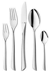 Elegantes Besteckset Virginia, bestehend aus Gabel, Messer, Löffel, Kuchengabel und Teelöffel, aus Edelstahl, frontal abgebildet.