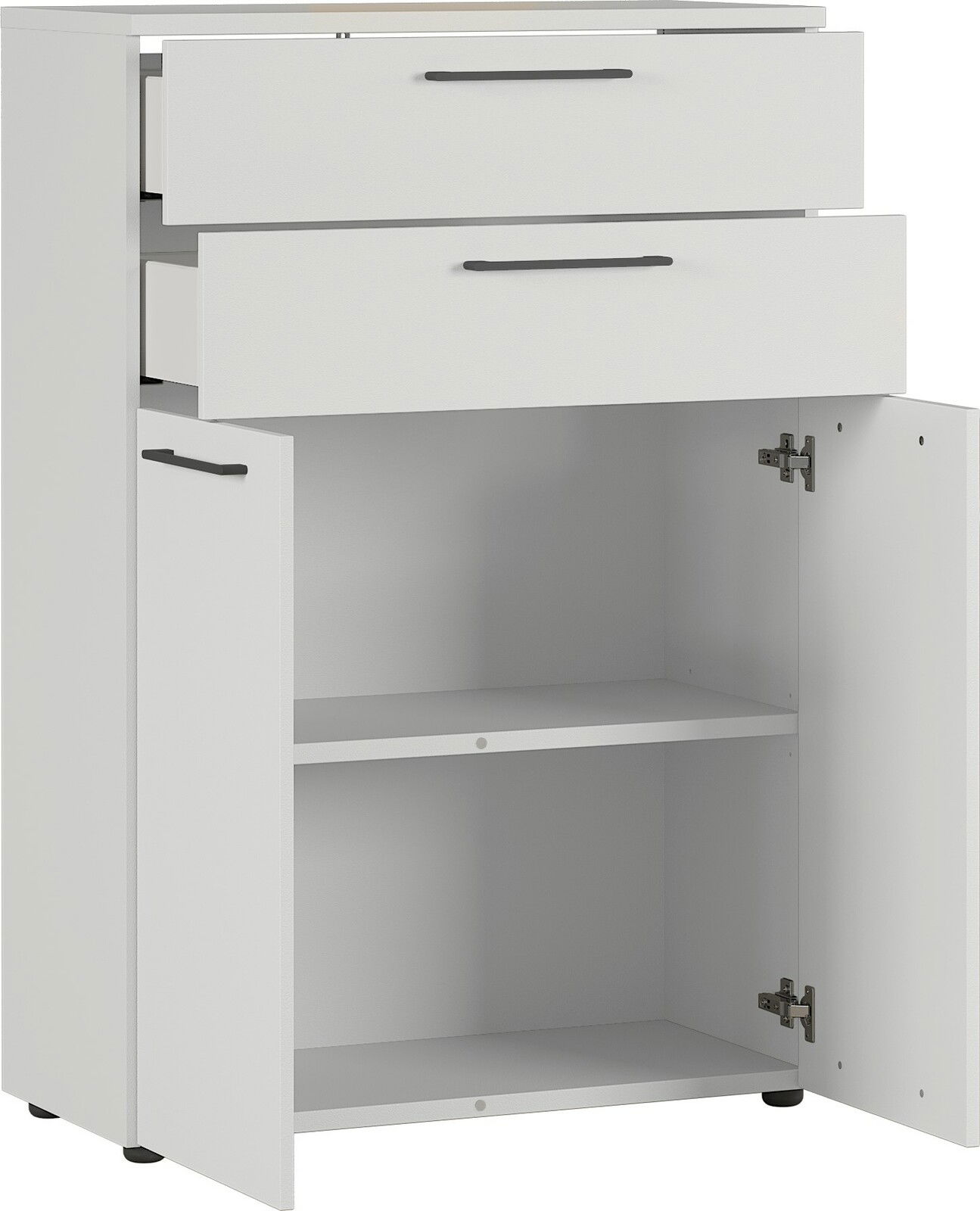 Weißer Aktenschrank mit zwei offenen Schubladen und einer geöffneten Tür, seitliche Perspektive