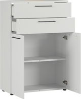 Weißer Aktenschrank mit zwei offenen Schubladen und einer geöffneten Tür, seitliche Perspektive