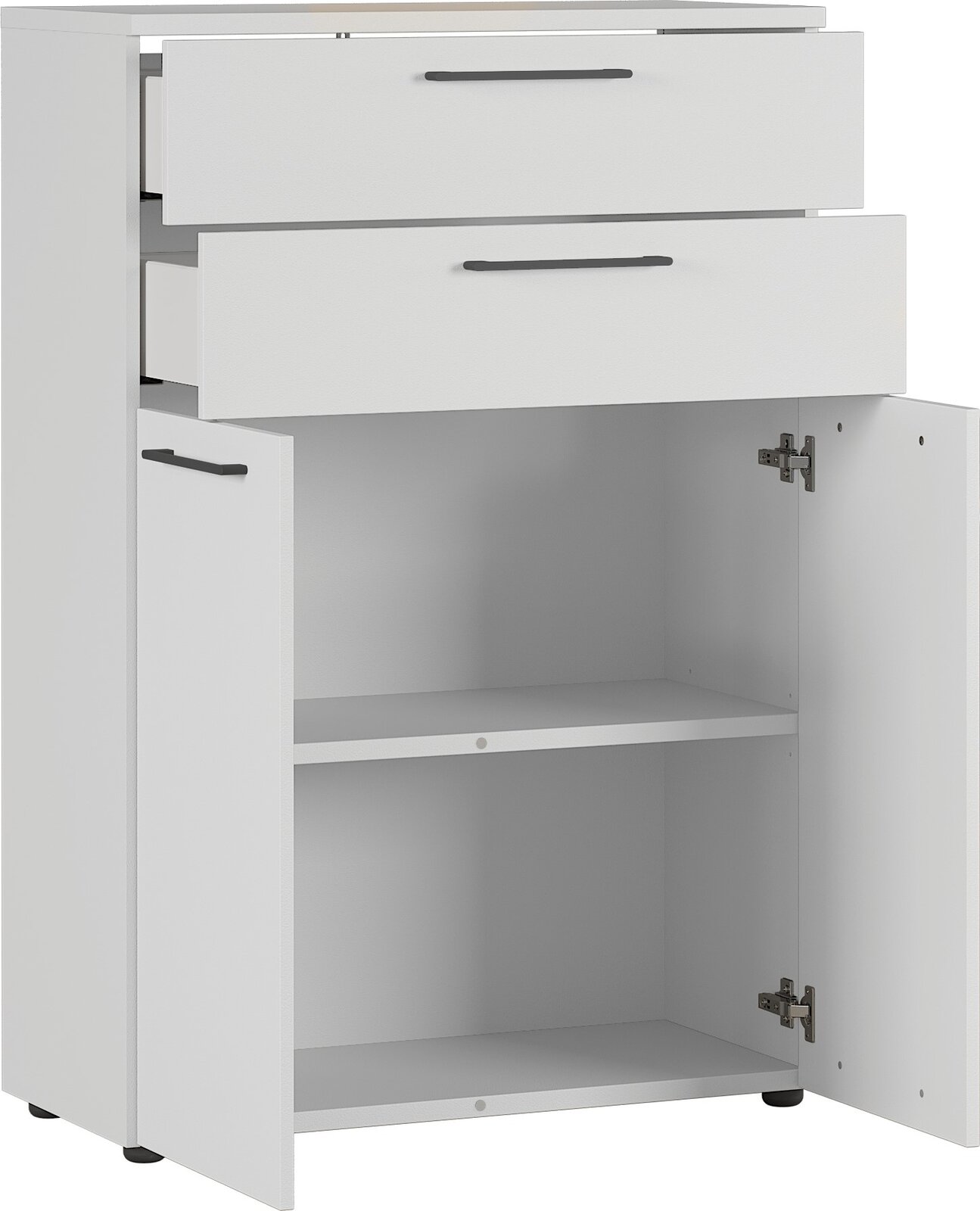 Weißer Aktenschrank mit zwei offenen Schubladen und einer geöffneten Tür, seitliche Perspektive