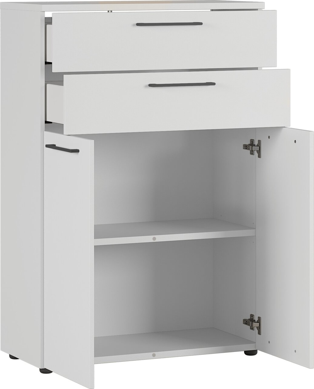 Weißer Aktenschrank mit zwei offenen Schubladen und einer geöffneten Tür, seitliche Perspektive