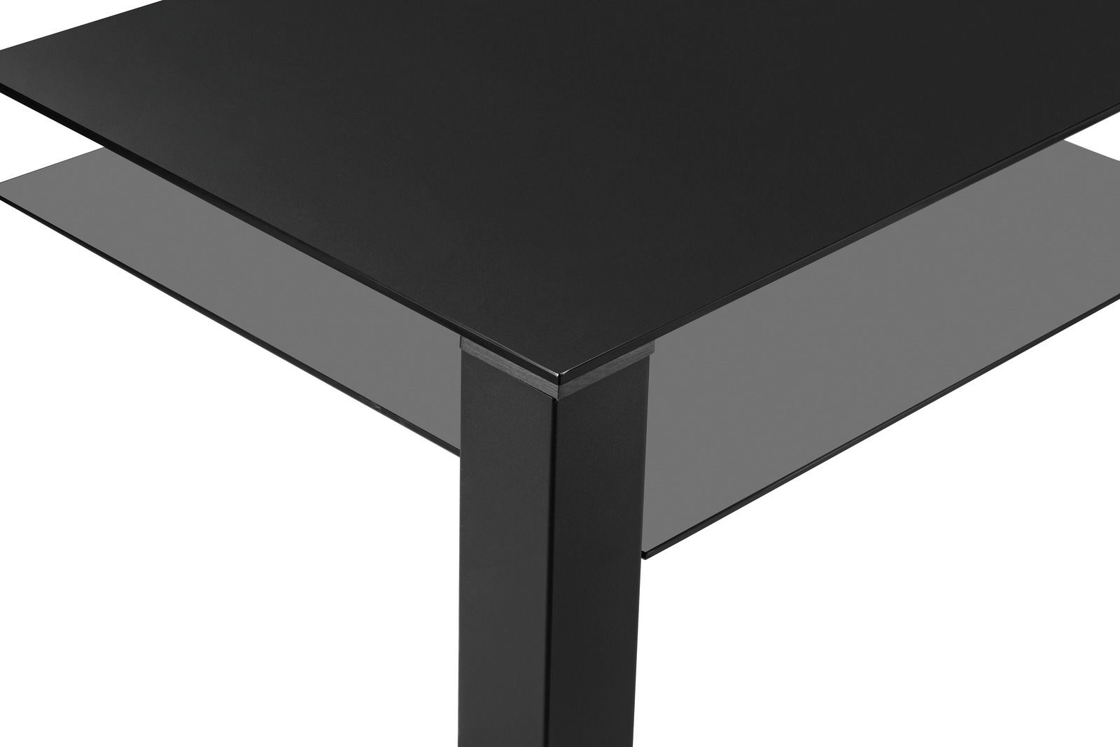 Nahaufnahme eines modernen schwarzen Beistelltisches mit klaren Linien und einer minimalistischen Ästhetik, von oben betrachtet.
