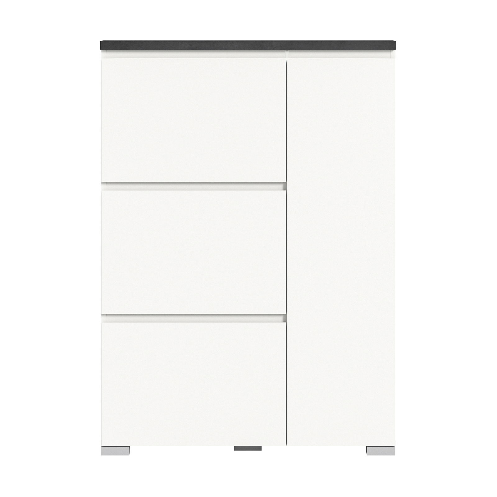 Moderner weißer Schuhschrank mit drei Schubladen und einer Tür, Frontalansicht