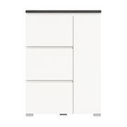 Moderner weißer Schuhschrank mit drei Schubladen und einer Tür, Frontalansicht