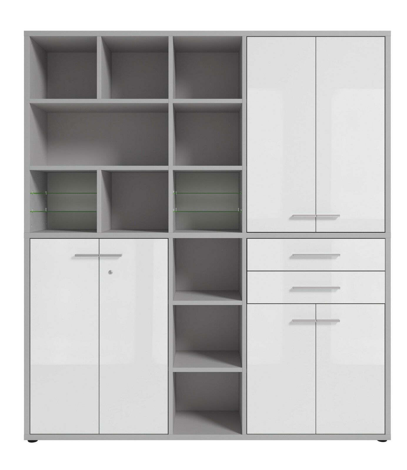 Moderner, hoher Aktenschrank mit weißen Hochglanztüren und offenen Regalfächern, Frontalansicht.