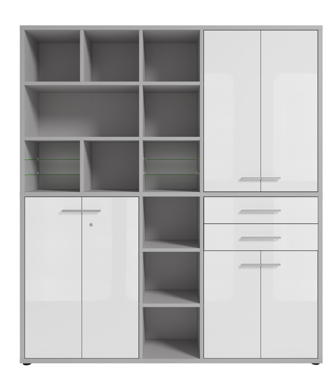 Moderner, hoher Aktenschrank mit weißen Hochglanztüren und offenen Regalfächern, Frontalansicht.