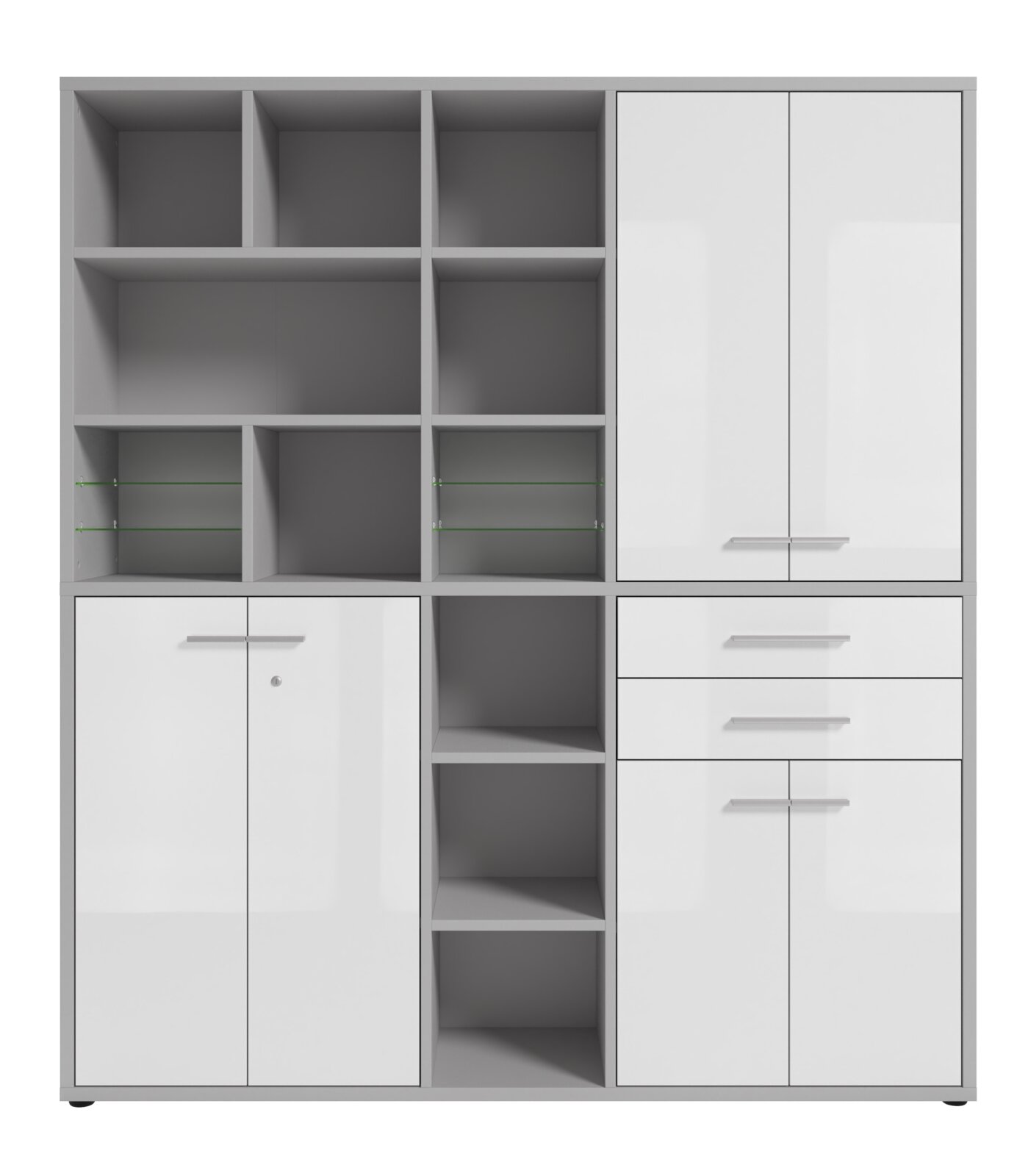 Moderne, hoge archiefkast met witte hoogglansdeuren en open legplanken, gezien van voren.
