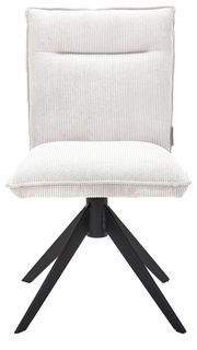 Moderner Stuhl mit gepolsterter Sitzfläche und Rückenlehne in hellem Stoff, schwarzes Metallgestell, Frontalansicht.