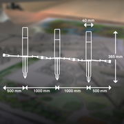 Diagramm eines Bodenspikes-Extensionsets mit drei Spikes, die in einer Linie angeordnet sind. Die Abmessungen sind 365 mm in der Höhe und 40 mm im Abstand zwischen den Spikes. Die Perspektive zeigt eine seitliche Ansicht des Sets.