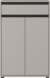 Frontansicht einer modernen, grauen Kommode mit zwei Türen und einer Schublade, minimalistisches Design.