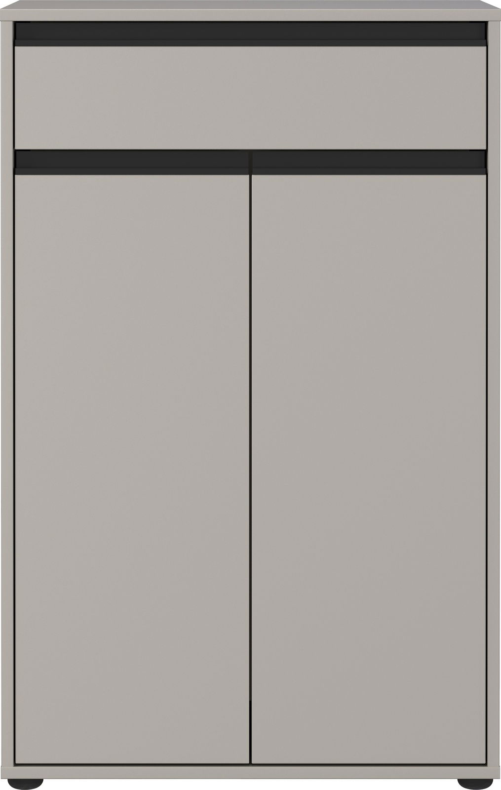 Frontansicht einer modernen, grauen Kommode mit zwei Türen und einer Schublade, minimalistisches Design.