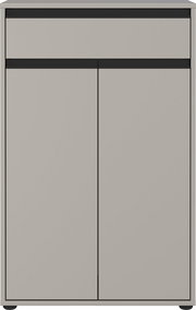 Frontansicht einer modernen, grauen Kommode mit zwei Türen und einer Schublade, minimalistisches Design.