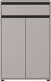 Frontansicht einer modernen, grauen Kommode mit zwei Türen und einer Schublade, minimalistisches Design.