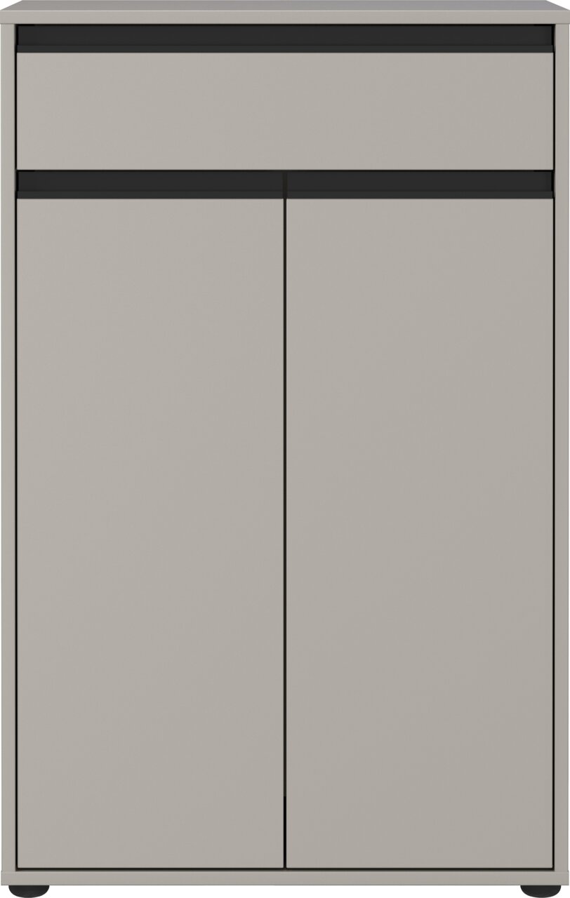 Frontansicht einer modernen, grauen Kommode mit zwei Türen und einer Schublade, minimalistisches Design.