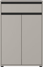 Frontansicht einer modernen, grauen Kommode mit zwei Türen und einer Schublade, minimalistisches Design.