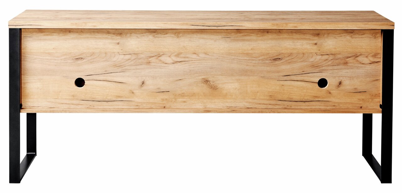 Vooraanzicht van een modern dressoir van licht hout met zwarte metalen poten.