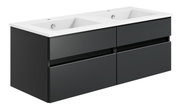 Moderne Badkombination mit zwei Waschbecken, schwarze Schubladenfronten, seitliche Perspektive