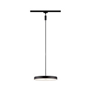 Schwarzes Schienenpendel Hildor, seitliche Perspektive, modernes Design, runde Form, hängend an einem dünnen Kabel.