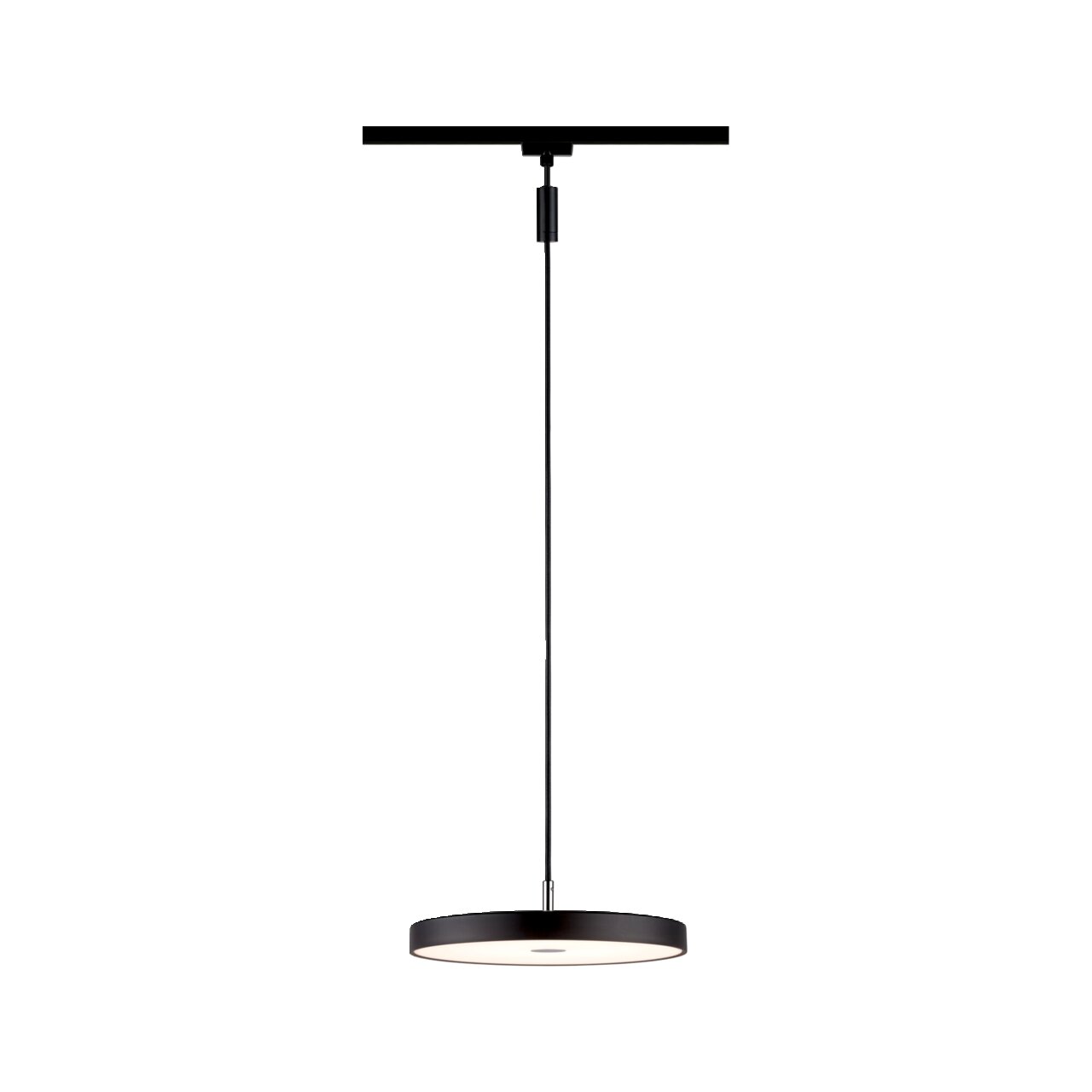 Schwarzes Schienenpendel Hildor, seitliche Perspektive, modernes Design, runde Form, hängend an einem dünnen Kabel.
