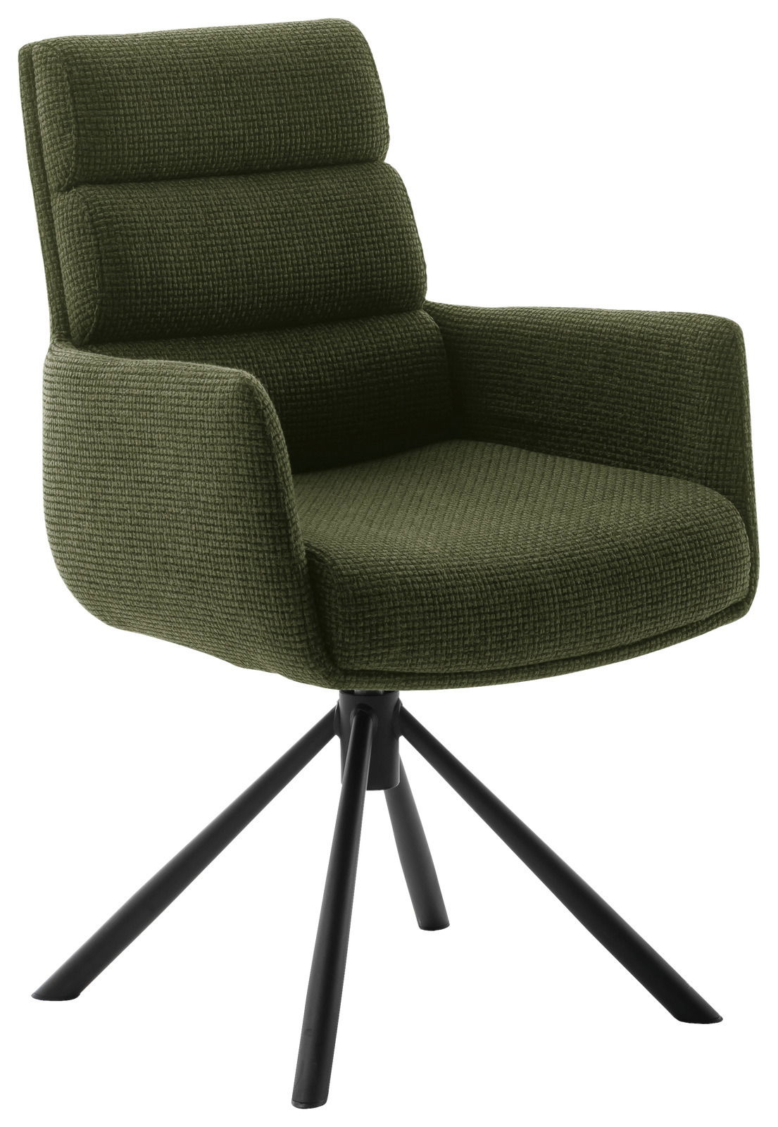 Grüner Armlehnstuhl mit gepolsterter Rückenlehne und schwarzem Metallgestell, seitliche Perspektive