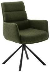 Grüner Armlehnstuhl mit gepolsterter Rückenlehne und schwarzem Metallgestell, seitliche Perspektive