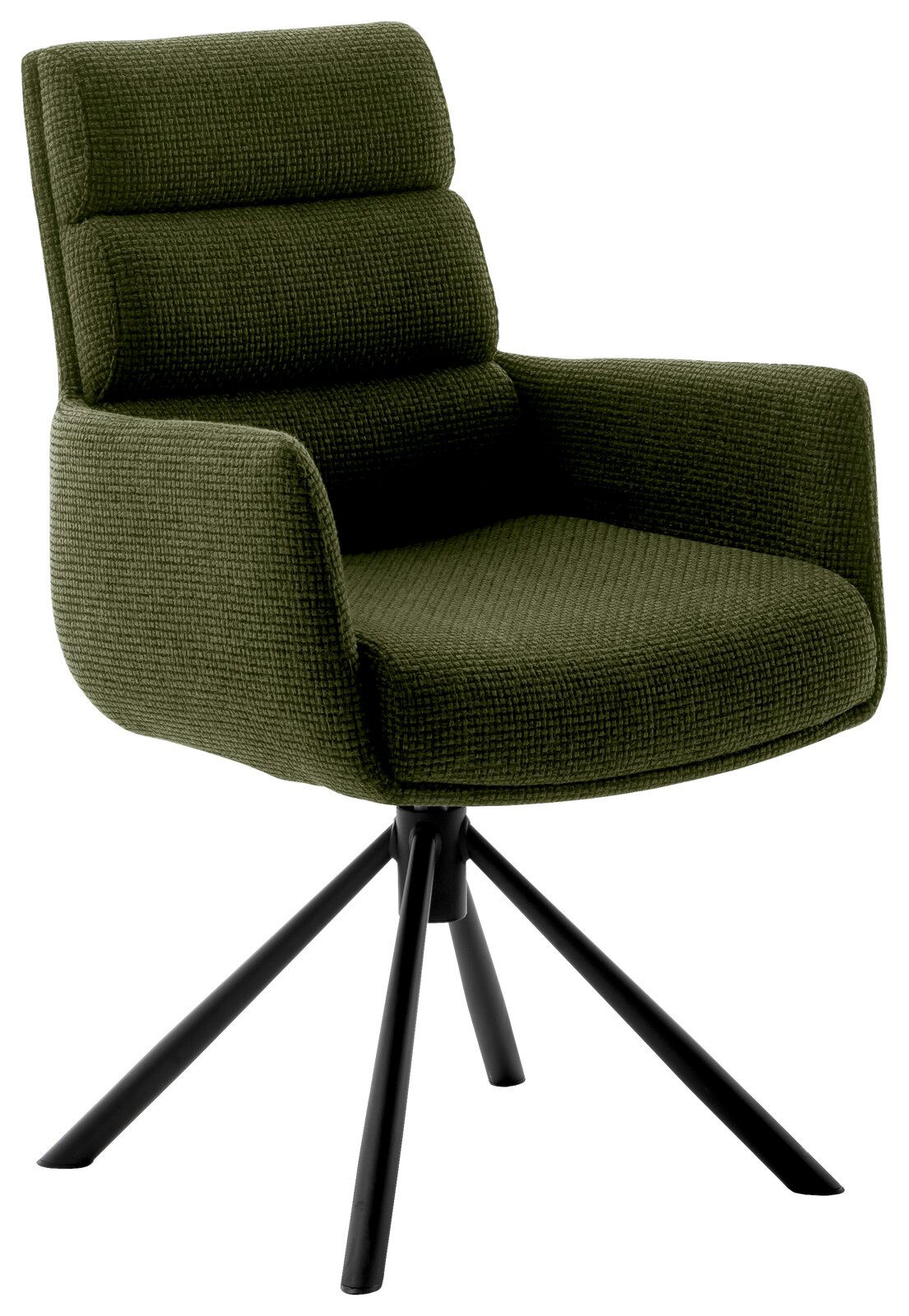 Grüner Armlehnstuhl mit gepolsterter Rückenlehne und schwarzem Metallgestell, seitliche Perspektive