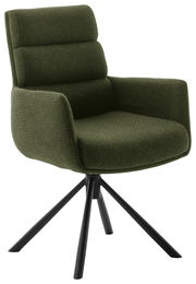 Grüner Armlehnstuhl mit gepolsterter Rückenlehne und schwarzem Metallgestell, seitliche Perspektive