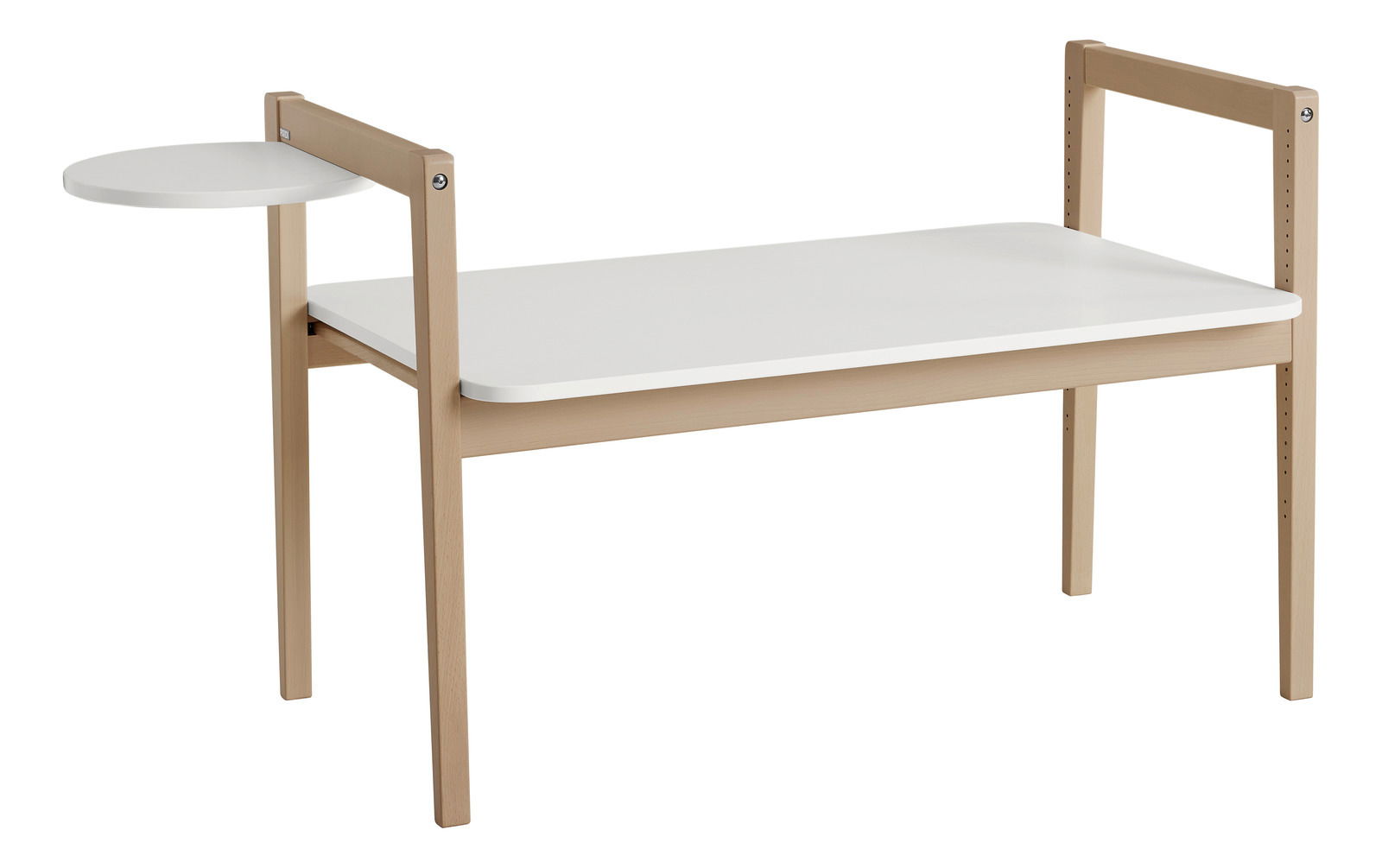 Tischplatte Tiny Table aus hellem Holz mit weißer Oberfläche, seitliche Perspektive