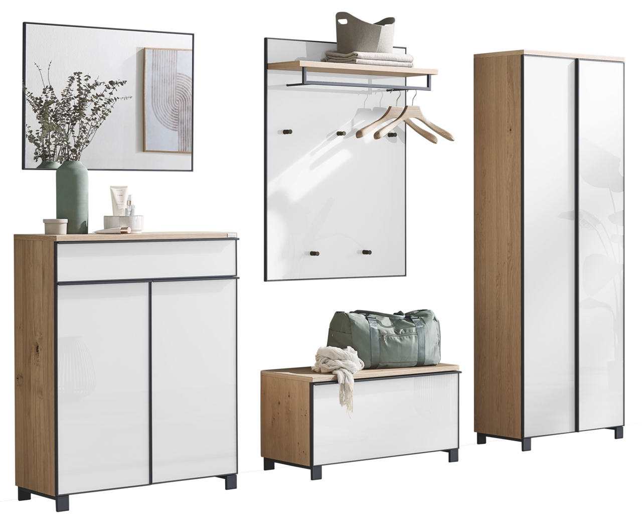 Modernes Garderoben-Set für den Flur mit Schrank, Schuhbank, Kommode und Wandpaneel in Eiche-Optik und weißen Fronten, gezeigt in frontaler Ansicht mit leichter Seitenperspektive.