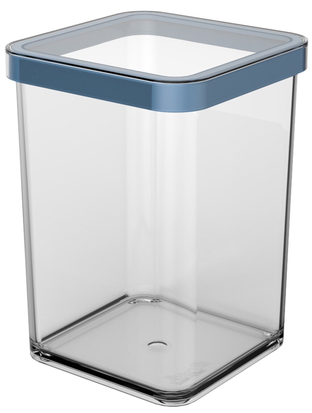 rotho Vorratsdose LOFT Transparente, quadratische Vorratsdose aus Kunststoff mit blauem Deckel, freigestellt vor weißem Hintergrund, in leicht schräger Frontansicht von oben