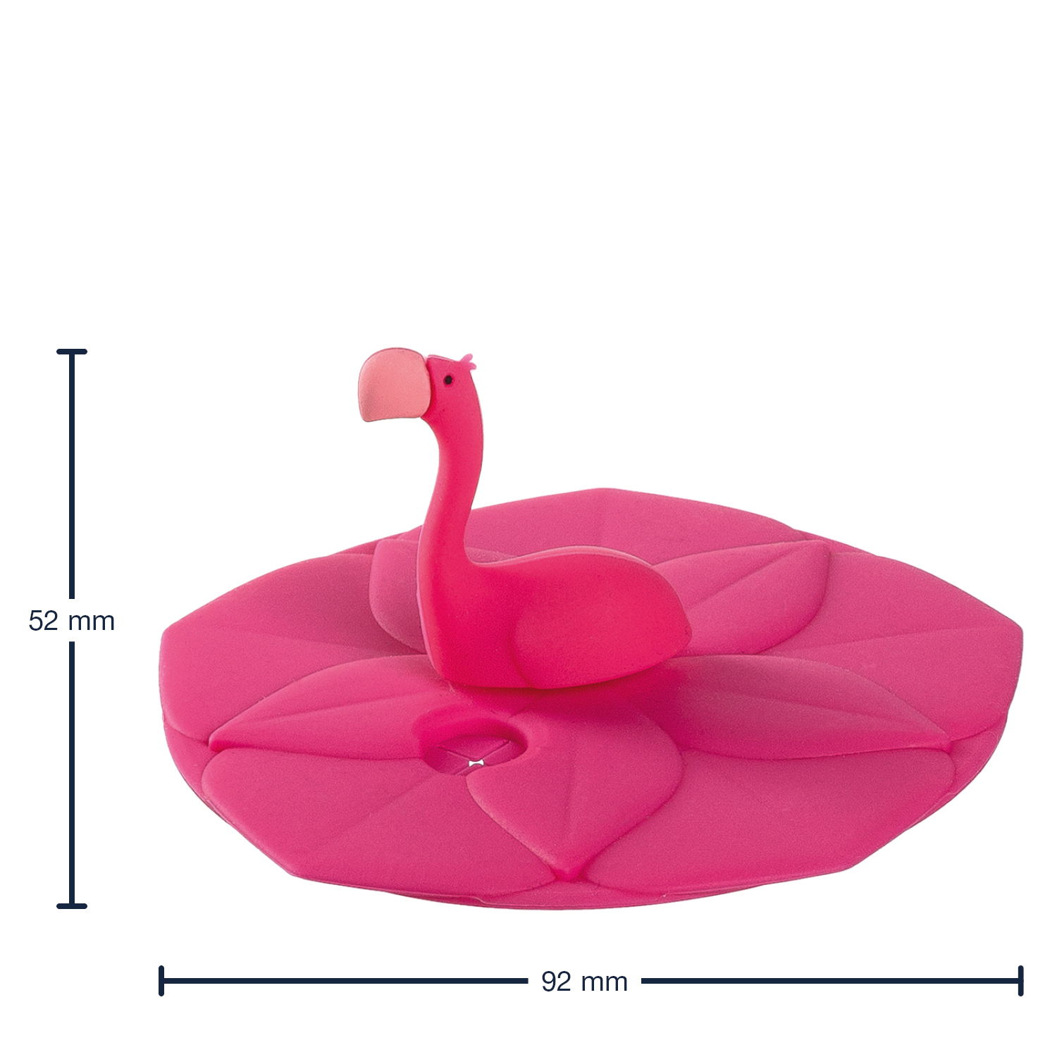 Flamingo-förmiger Deckel eines Kindertrinksets, von oben betrachtet, mit rosa Blütenblatt-Design.