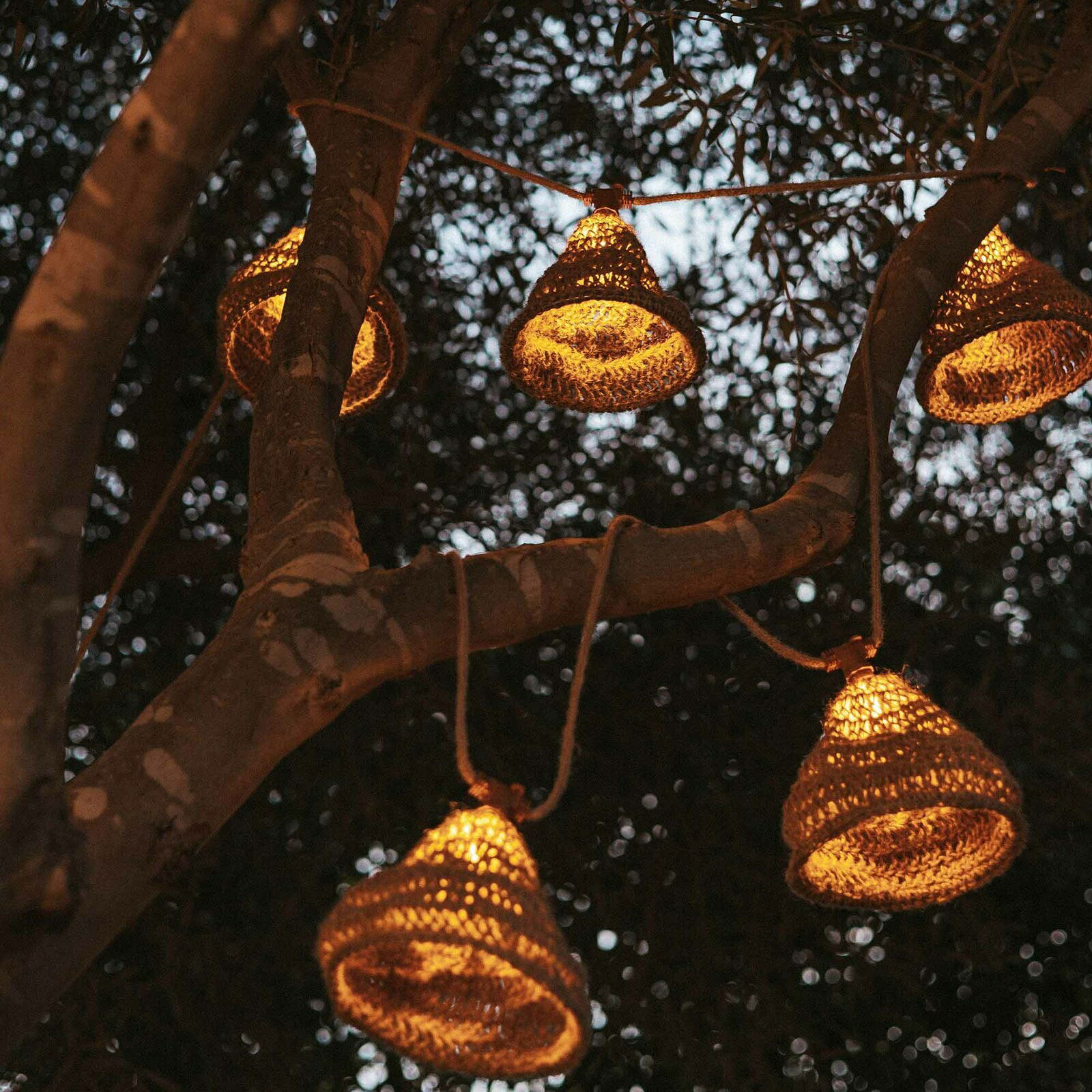 Outdoor-Lichterkette mit solarbetriebenen, warm leuchtenden Lampen in Körben, aufgehängt an einem Baum in der Abenddämmerung, seitliche Perspektive