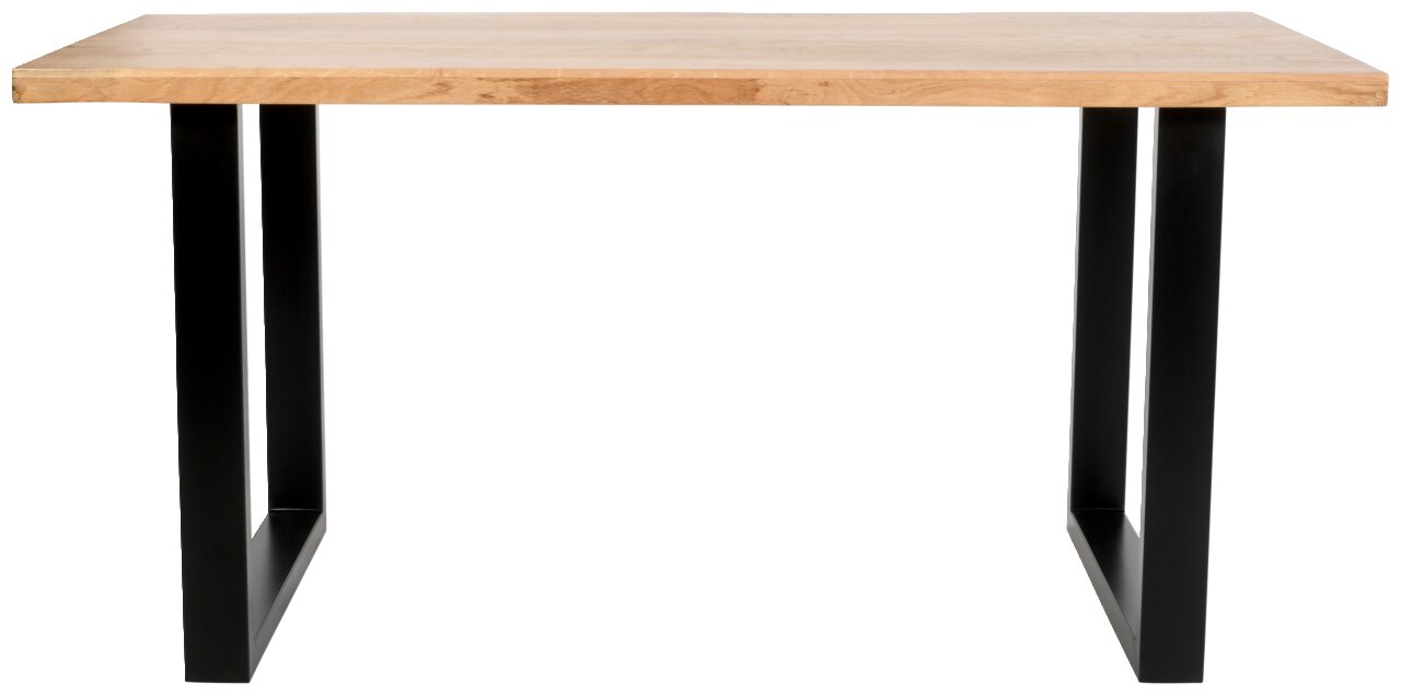 Moderner Esstisch mit Holzplatte und schwarzen Metallbeinen, Frontalansicht