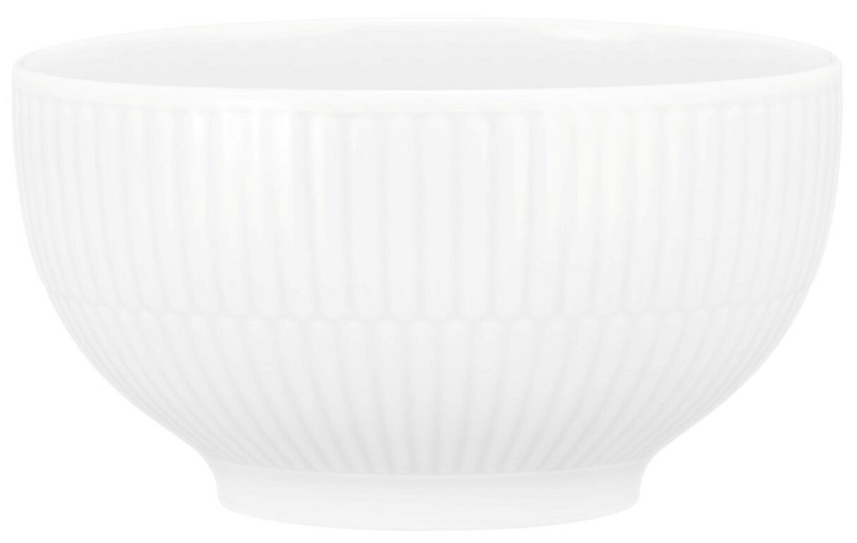 Weiße Café au lait Schale mit geriffeltem Design, seitliche Perspektive