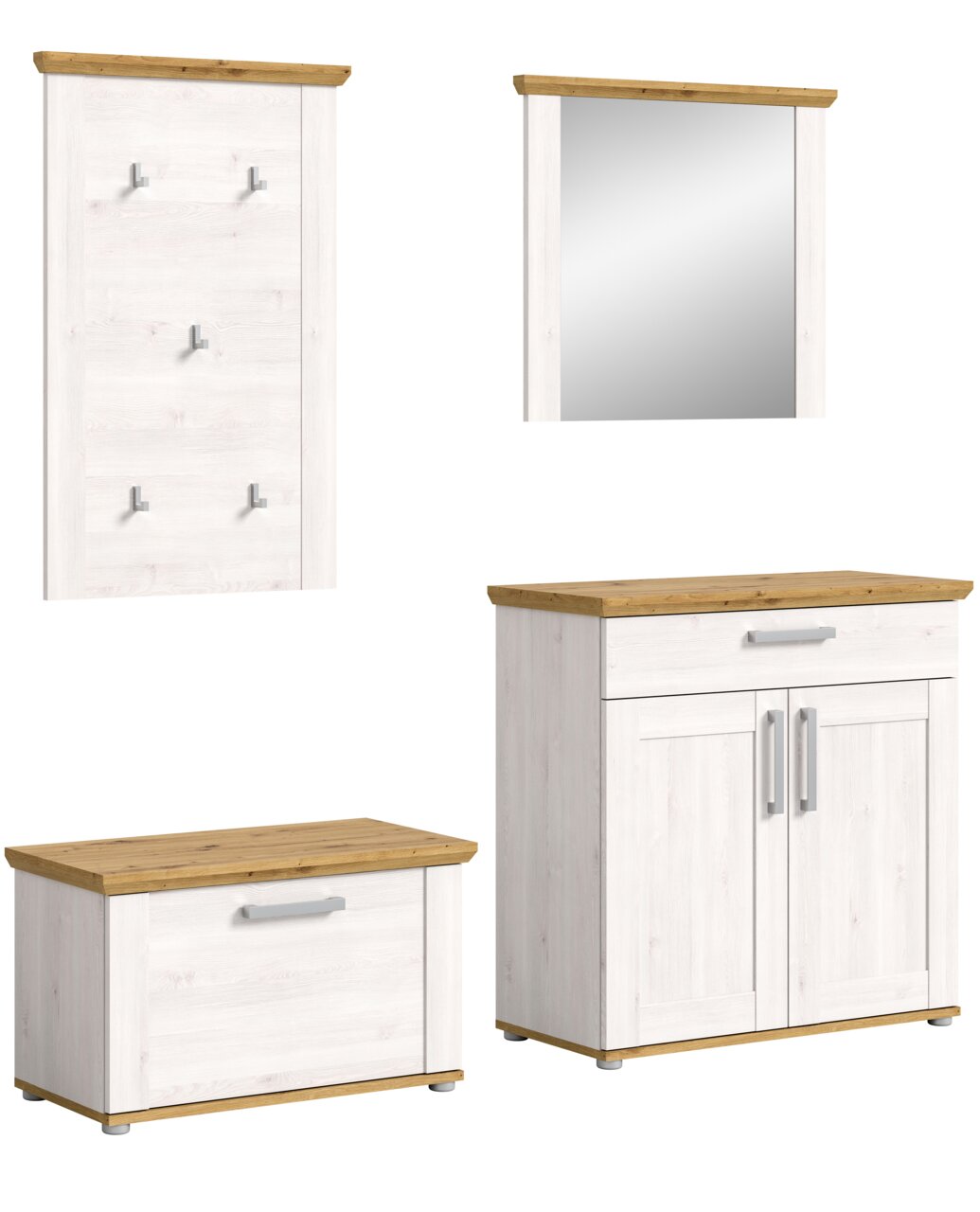 MID.YOU Garderobenkombination VERONA Garderobenkombination VERONA bestehend aus einem Wandpaneel mit Haken, einem Spiegel, einer Schuhbank und einem Schuhschrank, alle in heller Holzoptik mit dunklen Akzenten, frontal abgebildet.